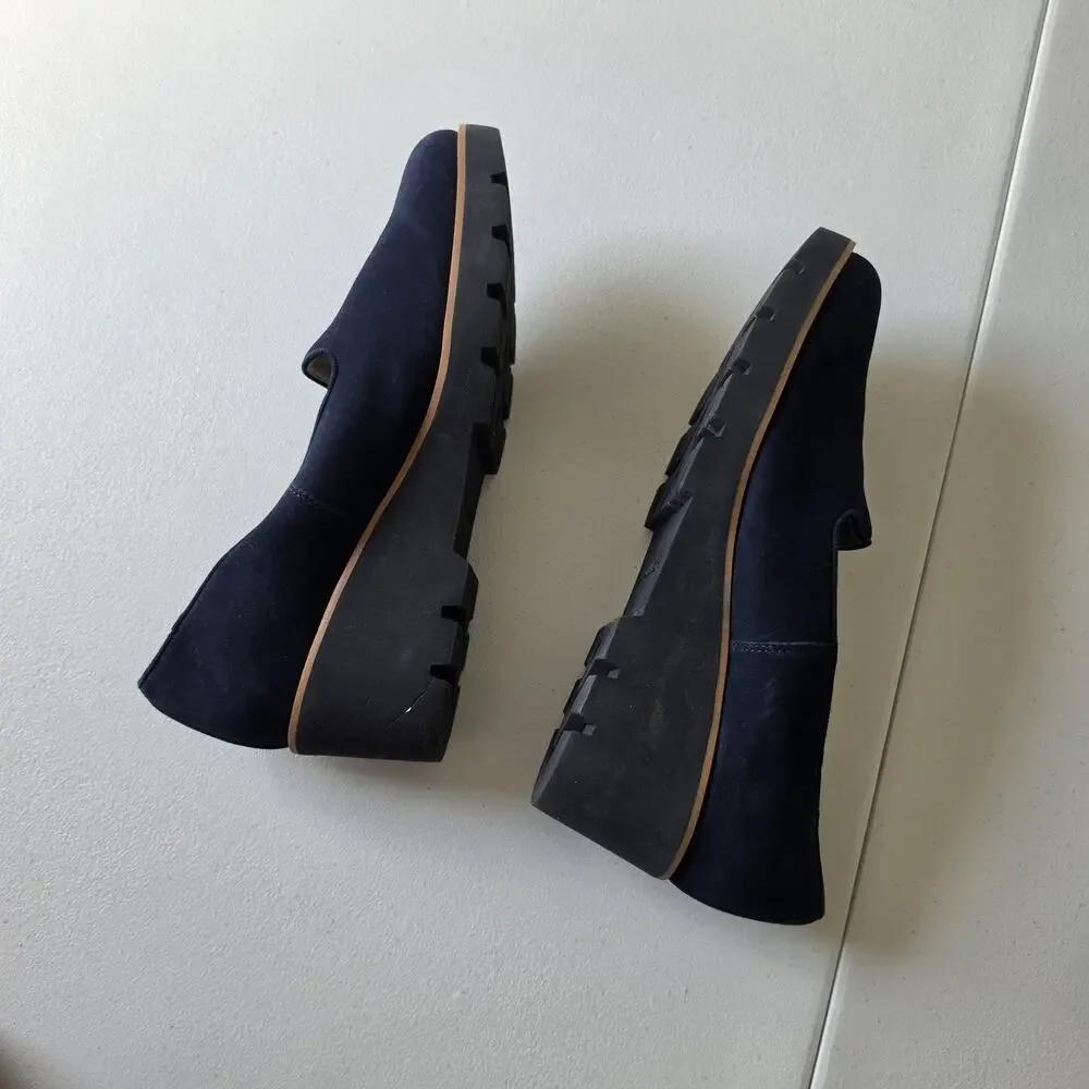 Vionic Willa Wedge Shoes Womens Size 10 Blue Suede Slip On Lug Sole Comfort